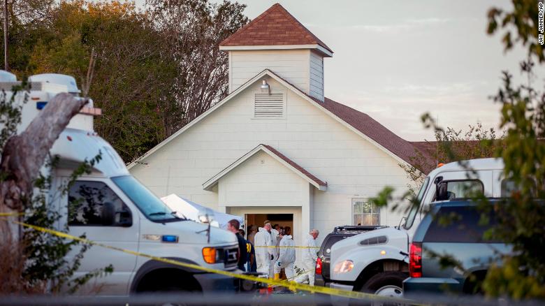 Investigators work at the scene of a mass shooting at the First Baptist Church in Sutherland Springs, Texas, on Sunday, November 5. A man opened fire inside the small community church, killing at least 26 people.