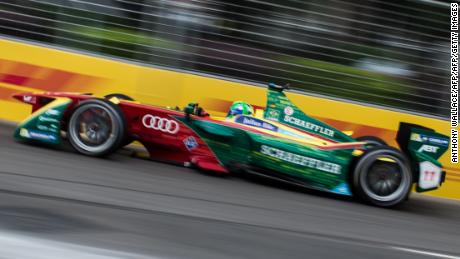 ABT Schaeffler Audi Sport driver Lucas di Grassi of Brazil takes a corner during the Formula E championship in Hong Kong on October 9, 2016. / AFP / Anthony WALLACE        (Photo credit should read ANTHONY WALLACE/AFP/Getty Images)