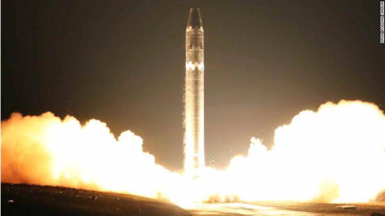 Image from Rodong Sinmun, North Korea's official newspaper, which published photos said to be of the latest missile launch.