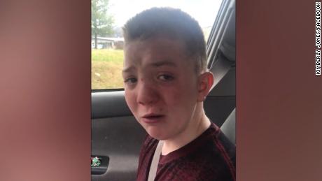 Keaton Jones tearfully tells his mom about his day at school. 