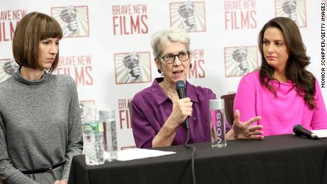 (L-R) Rachel Crooks, Jessica Leeds, and Samantha Holvey speak during the press conference held by women accusing Trump of sexual harassment in NYC on December 11, 2017 in New York City. 