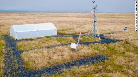 A climate research station is seen from above in Barrow, Alaska.
