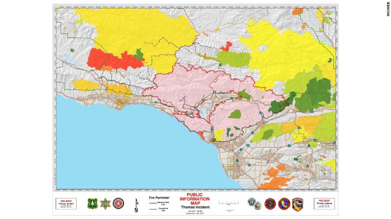 The Thomas Fire, shown in pink, is burning between Santa Barbara and Ventura, California.