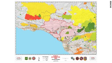 The Thomas Fire, shown in pink, is burning between Santa Barbara and Ventura, California.