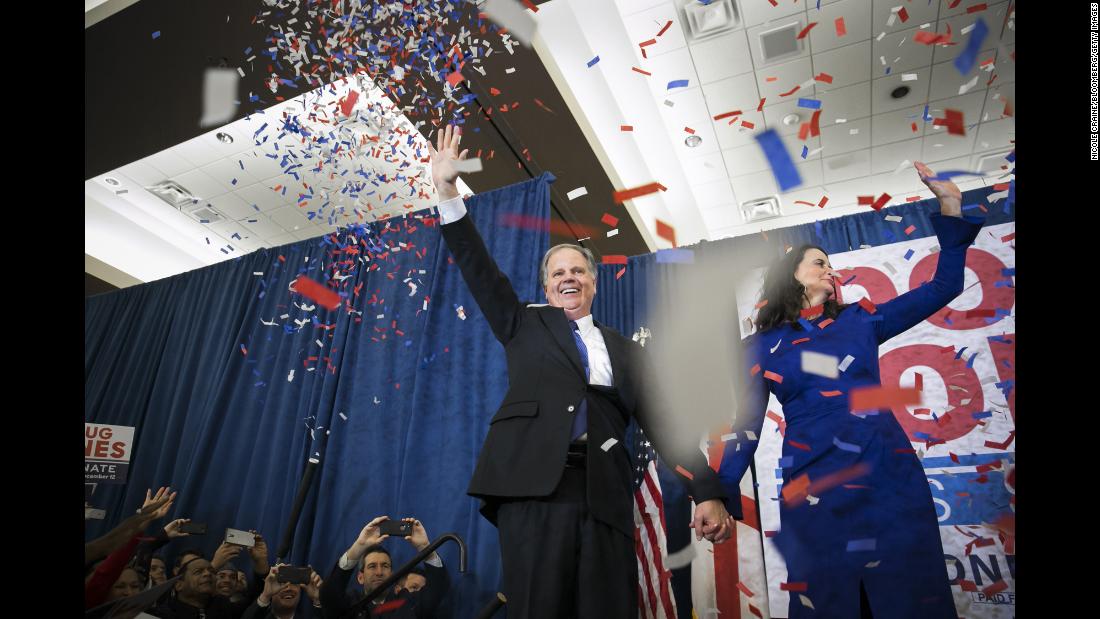 Confetti falls on Doug Jones and his wife, Louise, after &lt;a href=&quot;http://www.cnn.com/2017/12/13/politics/doug-jones/index.html&quot; target=&quot;_blank&quot;&gt;he won a special election&lt;/a&gt; Tuesday, December 12, to become the next US senator from Alabama. Jones is the first Democrat that Alabama has elected to the Senate since 1992. He defeated Roy Moore, a Republican who has been accused by multiple women of pursuing relationships with them when they were teenagers and he was in his 30s. Some of them have also accused Moore of sexual assault or abuse. Moore, now 70, has denied the allegations, painting them as a smear campaign by the Democratic Party and the media.