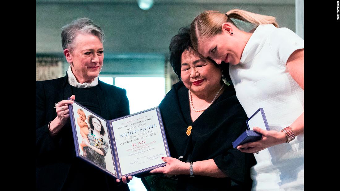 Berit Reiss-Andersen, left, presents the Nobel Peace Prize to Setsuko Thurlow and Beatrice Fihn, who were accepting the award on behalf of the International Campaign to Abolish Nuclear Weapons on Sunday, December 10. Thurlow, center, is an ICAN campaigner who survived the bombing of Hiroshima, Japan, in 1945. Fihn is ICAN&#39;s executive director, and during &lt;a href=&quot;http://www.cnn.com/2017/12/10/europe/nobel-peace-prize-ceremony/index.html&quot; target=&quot;_blank&quot;&gt;Sunday&#39;s ceremony&lt;/a&gt; she called on nuclear-armed states to prohibit and eliminate nuclear weapons.