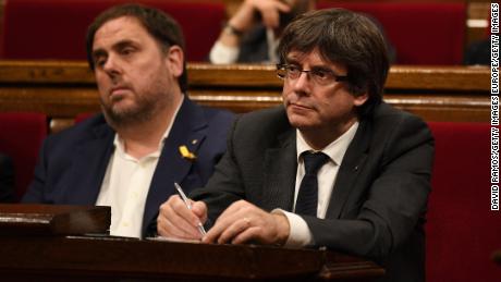 Oriol Junqueras, left, with Carles Puigdemont at the Catalan government headquarters in Barcelona in October