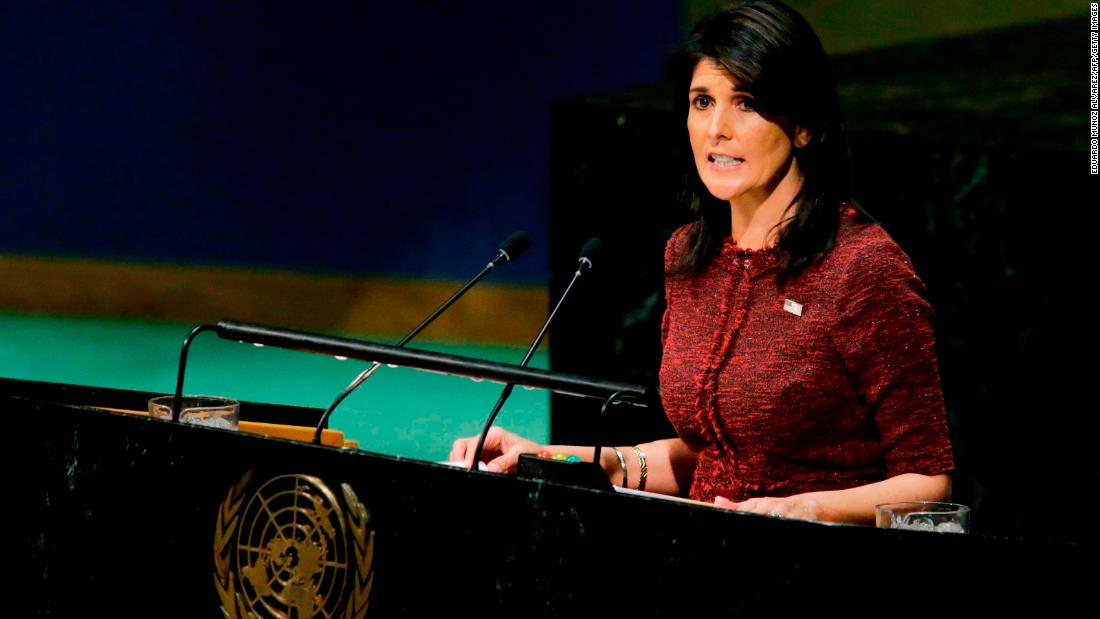 United States Ambassador to the United Nations, Nikki Haley, addresses the General Assembly prior to the vote on Jerusalem, on December 21, 2017, at UN Headquarters in New York. UN member-states were poised to vote on a motion rejecting US recognition of Jerusalem as Israel&#39;s capital, after President Donald Trump threatened to cut funding to countries that back the measure.
