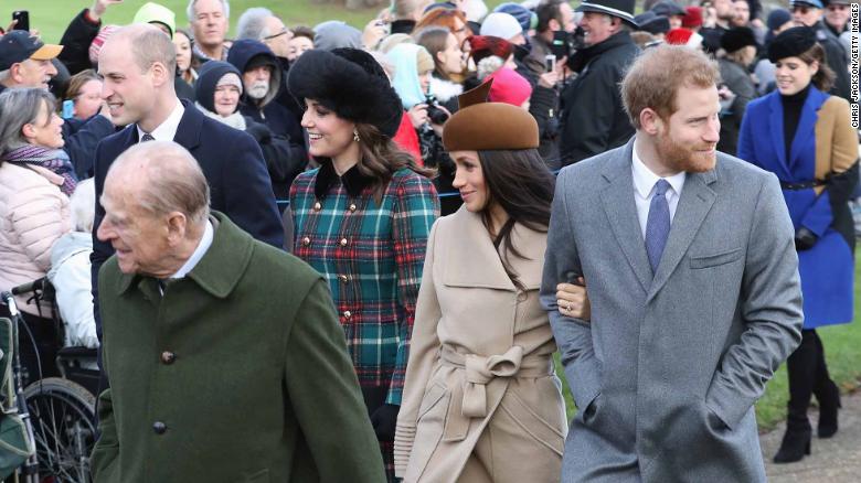 Prince William, Duke of Cambridge, Prince Philip, Duke of Edinburgh, Catherine, Duchess of Cambridge, Meghan Markle and Prince Harry walk to church.