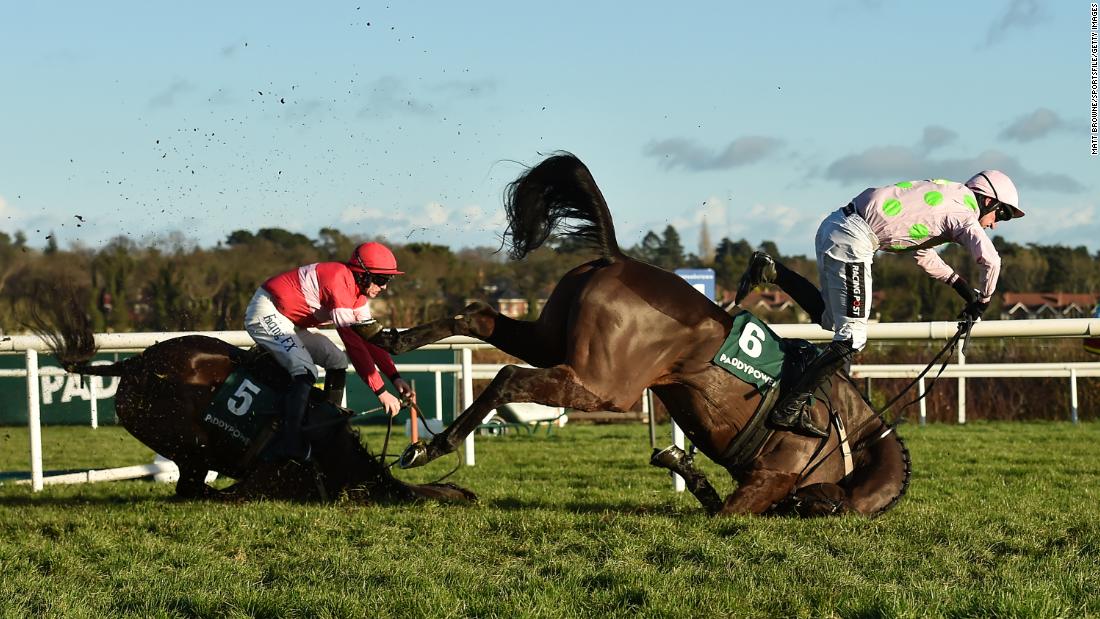 Jockey Patrick Mullins goes flying off Sharjah, right, as they crash over the final fence of a hurdle race in Dublin, Ireland, on Wednesday, December 27. The fall also took out Real Steel and jockey Paul Townend, left. &lt;a href=&quot;http://www.bbc.com/sport/horse-racing/42496855&quot; target=&quot;_blank&quot;&gt;According to the BBC,&lt;/a&gt; all were reported to be fine following the crash.