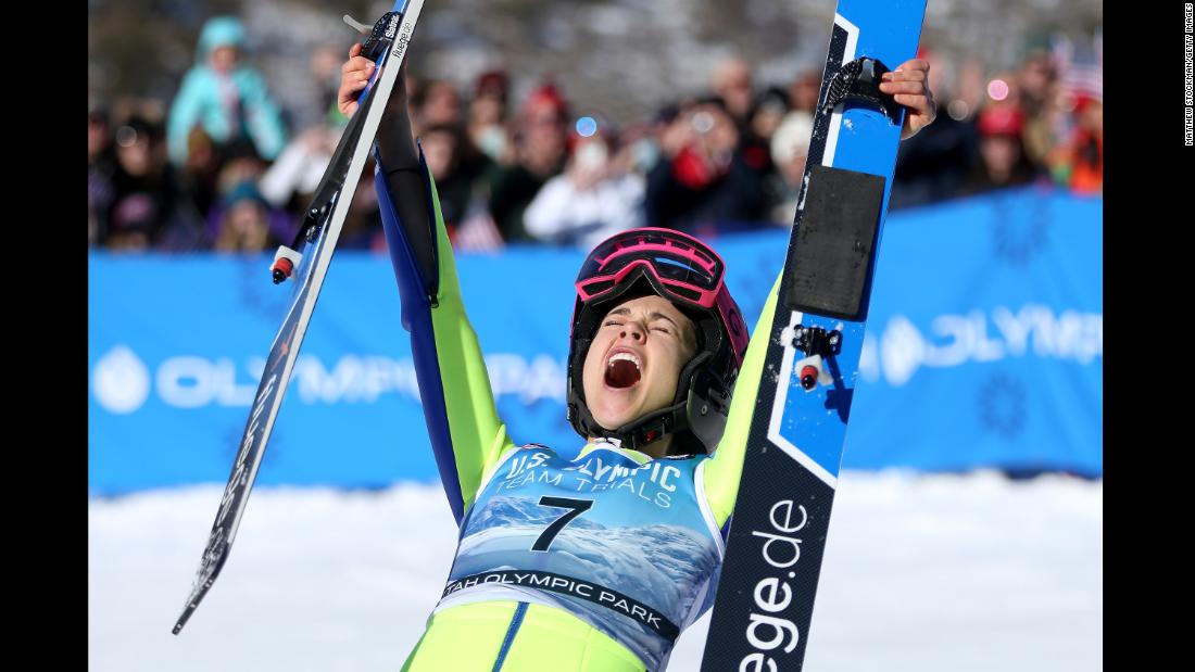 Ski jumper Sarah Hendrickson celebrates after winning at the US Olympic Trials on Sunday, December 31.