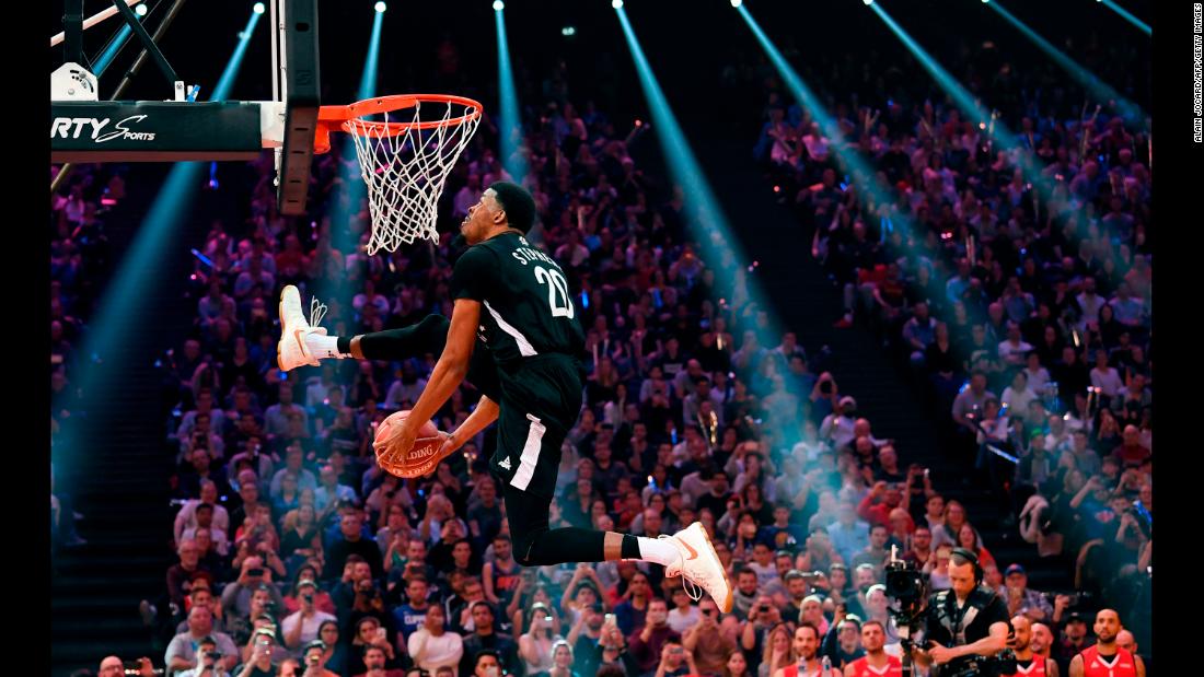 D.J. Stephens goes between his legs on his way to winning the slam dunk contest of France&#39;s basketball league on Friday, December 29.