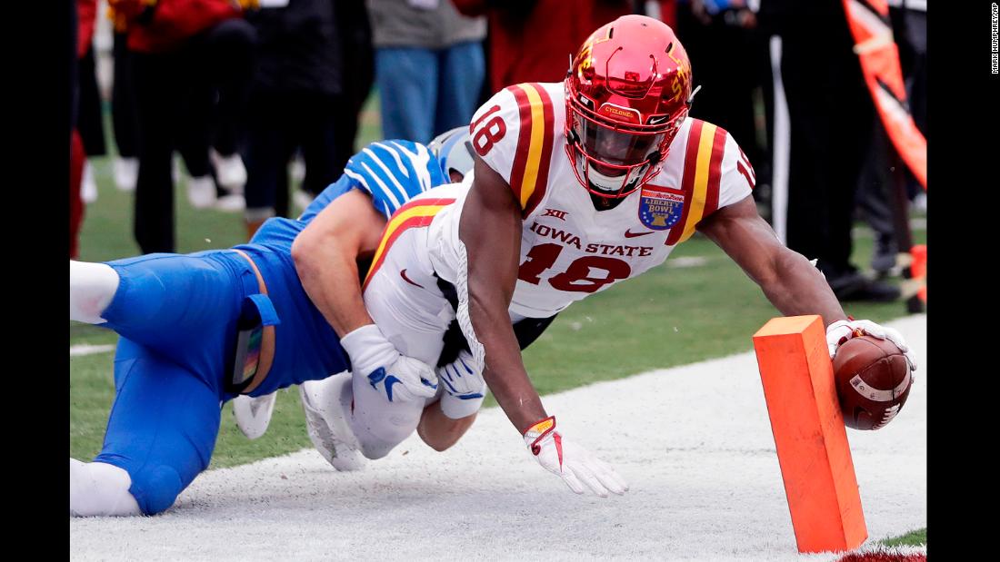 Iowa State wide receiver Hakeem Butler reaches for the goal line during the Liberty Bowl on Saturday, December 30. He was ruled out at the 3-yard line, but the Cyclones would go on to beat Memphis 21-20.