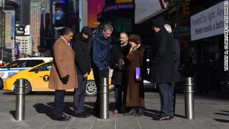 Mayor Bill de Blasio, center, unveils plans to add more security bollards across the city.