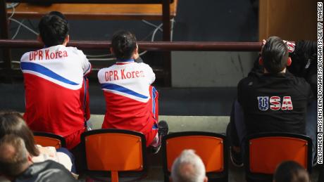 Ryom and Kim of DPR Korea watch the Pairs free skating during the 2017 edition of the Nebelhorn Trophy 2017.
