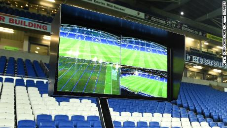 The Video Assistant Referee (VAR) system pitchside during the FA Cup clash between Brighton and Crystal Palace.