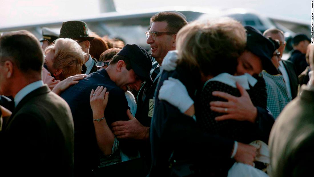 The USS Pueblo crew greet relatives upon returning from captivity in North Korea.