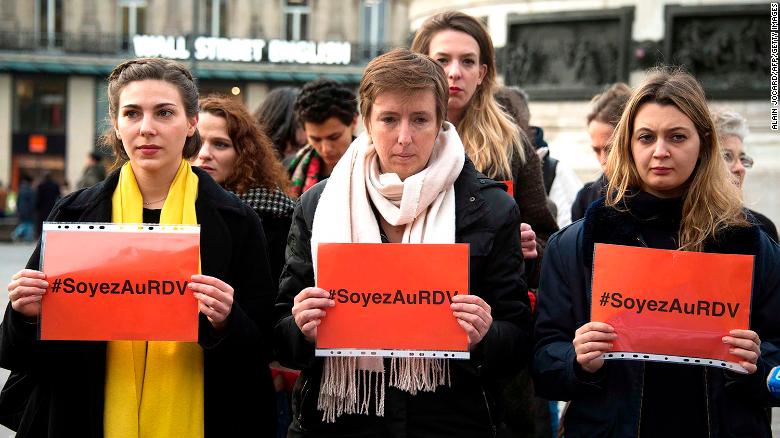 French feminist Caroline de Haas (center) has criticized Tuesday&#39;s letter in Le Monde. Here, she is shown protesting with others against violence against women in Paris last November. 