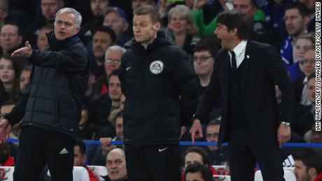 Fourth official Mike Jones intervenes as Mourinho and Conte clash during FA Cup quarterfinal match between Chelsea and  United.