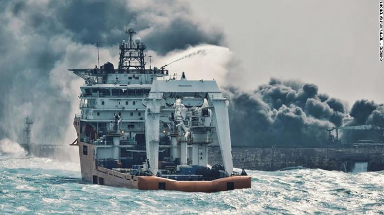 A Japanese vessel tries to extinguish the flames on the Sanchi on Wednesday.