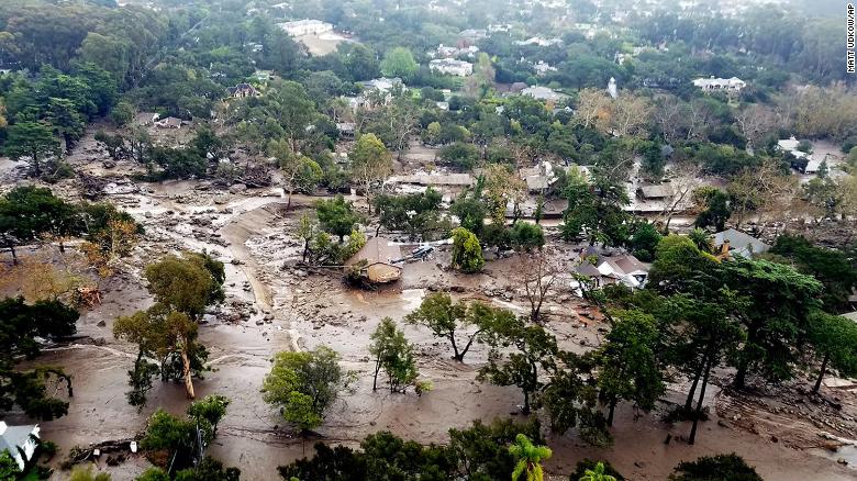 An aerial view of Montecito, California, shows mudflow and debris on Wednesday, January 10. Heavy rains unleashed deadly mudslides Tuesday that damaged or swept away dozens of homes in Southern California.
