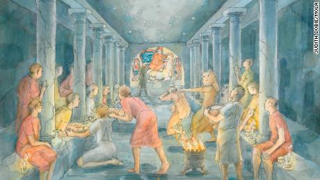 An artist&#39;s reconstruction of what went on inside the Mithraeum.