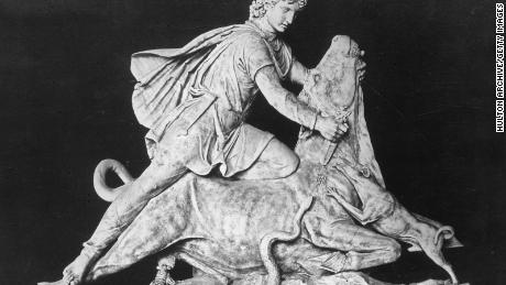 Cult statue of Mithras slaying the sacred bull with his dagger.