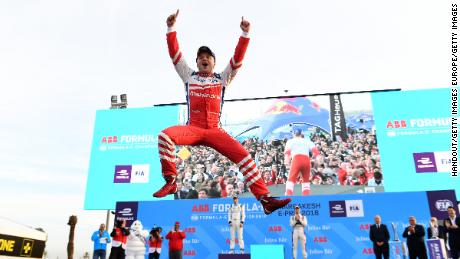 Felix Rosenqvist celebrates after securing back-to-back wins in the 2017/18 Formula E championship