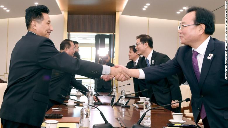 North and South Korean delegates meet at the DMZ to discuss the logistics of North Korea&#39;s participation in the 2018 Pyongchang Olympic games.