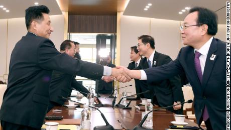 North and South Korean delegates meet at the DMZ to discuss the logistics of North Korea&#39;s participation in the 2018 Pyongchang Olympic games.