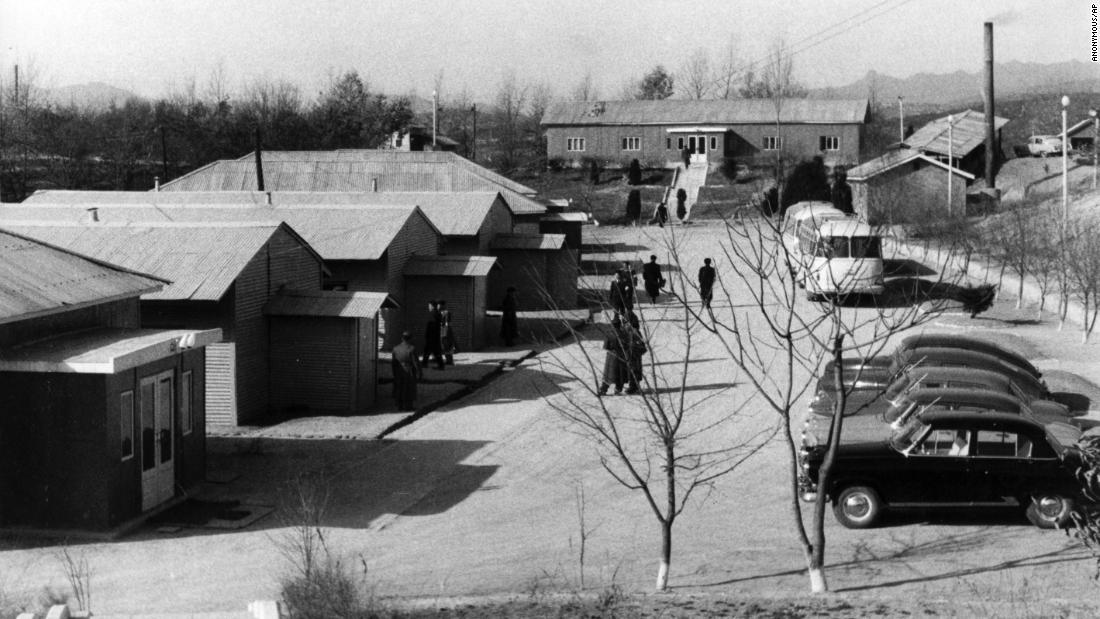 The iconic blue huts in Panmunjom, on the DMZ between North and South Korea, seen in 1965.