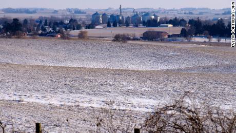 Farms surround the town of Monticello, Iowa.