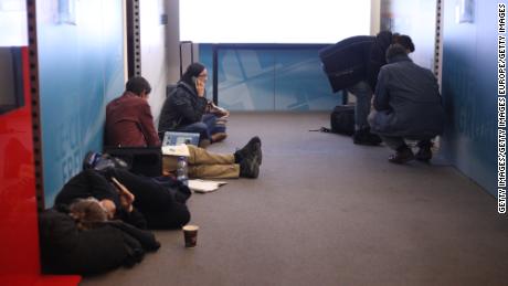 People sleeping and waiting in the train station in Erfurt on January 18, 2018 in Erfurt, Germany.