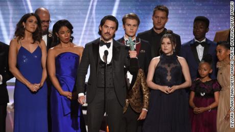 LOS ANGELES, CA - JANUARY 21:  Actor Milo Ventimiglia (C) and the cast of &quot;This Is Us&quot; onstage during the 24th Annual Screen Actors Guild Awards at The Shrine Auditorium on January 21, 2018 in Los Angeles, California.  (Photo by Kevork Djansezian/Getty Images)