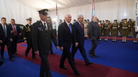 US Vice President Mike Pence, center left, with Israeli Prime Minister Benjamin Netanyahu, center right, at a welcome ceremony in Jerusalem on Monday. 