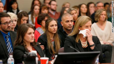 People react as former Michigan State University and USA Gymnastics doctor Larry Nassar listens to impact statements during the sentencing phase in Ingham County Circuit Court on January 24, 2018 in Lansing, Michigan. 