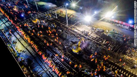 Aerial image of Chinese workers working simultaneously on an overnight railway project. Joined by 1,500 workers, the entire project is completed just in 9 hours. 