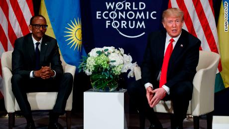 U.S. President Donald Trump meets with Rwandan President Paul Kagame, left, at the World Economic Forum, Friday, Jan. 26, 2018, in Davos, Switzerland. (AP Photo/Evan Vucci)