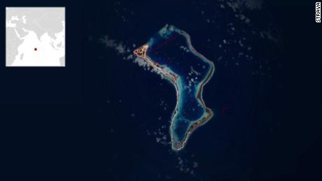A heatmap from Strava of Diego Garcia, the atoll in the Indian Ocean that houses a US military facility.