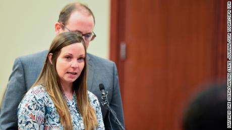 Jan. 23, 2018; Lansing, MI, USA; Brianne Randall confronts Larry Nassar during the sixth day of victim impact statements in Ingham County Circuit Court.  Nassar is expected to be sentenced on seven sexual assault charges this week. Mandatory Credit: Matthew Dae Smith/Lansing State Journal via USA TODAY NETWORK/Sipa USA