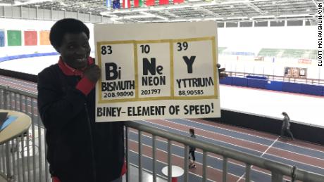 Kweku Biney holds up a sign that speaks to both Maame&#39;s love for speed skating and chemistry.