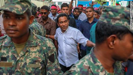 Maldivian President Abdulla Yameen Abdul Gayoom, center, addressed his supporters Saturday.