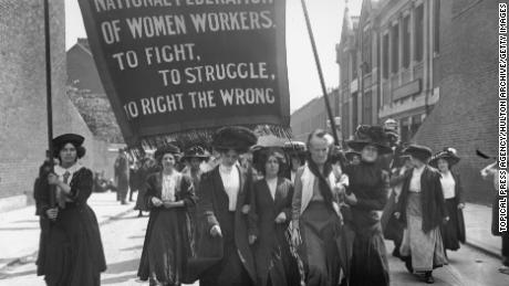 Suffragettes organized under the National Federation of Women Workers at a demonstration in London in 1911.