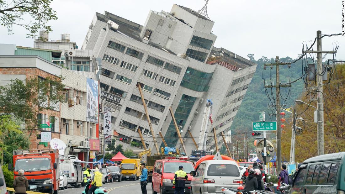 The Yun Tsui building is propped up after the quake.
