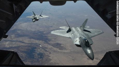 A handout photo made available by the US Department of Defense shows two US Air Force F-22 Raptors flying above Syria in support of Operation Inherent Resolve, 02 February 2018 (issued 08 February 2018).