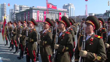 Soldiers stand guard at North Korea's military parade.