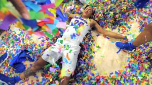 Mar 6, 2018; Chicago, IL, USA; Teammates throw confetti as DePaul Blue Demons forward Mart&#39;e Grays (35) makes a confetti angel on the court after her team&#39;s victory over the Marquette Golden Eagles in the championship game in the women&#39;s Big East Conference tournament at the Wintrust Arena. The Blue Demons won 98-63. Mandatory Credit: Patrick Gorski-USA TODAY Sports