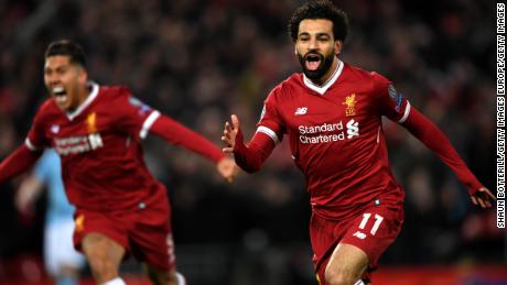 Mo Salah of Liverpool celebrates after scoring against City on April 4 at Anfield.