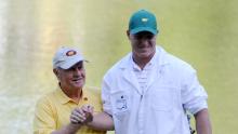 AUGUSTA, GA - APRIL 06:  Jack Nicklaus shakes hands with his grandson Nick O&#39;Leary during the Par 3 Contest prior to the 2011 Masters Tournament at Augusta National Golf Club on April 6, 2011 in Augusta, Georgia.  (Photo by Harry How/Getty Images)