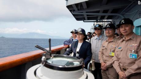 Taiwan&#39;s President Tsai Ing-wen inspects on a Kidd-class destroyer during a navy exercise on April 13.